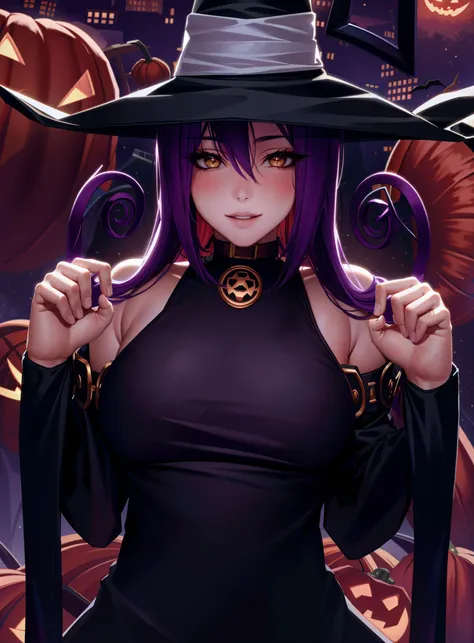 1girl, hat, solo, breasts, purple hair, witch hat, detached sleeves, jack-o'-lantern, dress, long hair, looking at viewer, large breasts, halloween, hair between eyes, lips, black dress, nose, smile, bare shoulders, witch, taut clothes, taut dress, pumpkin, paw pose, curly hair, black headwear, yellow eyes, realistic, upper body, parted lips, clenched hands, flipped hair, sleevelessr