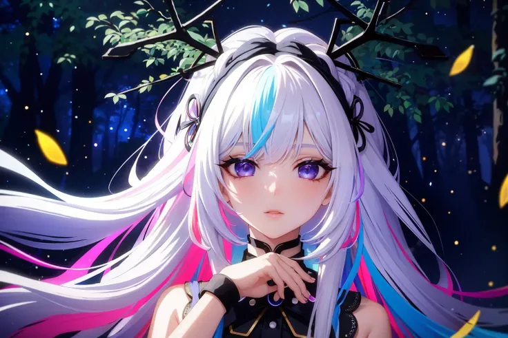 1girl, white hair, long hair, french braid, beautiful hair style, iridescent hair, colorful, vibrant colors, (dark background:1.2), (darkness:1.3), in a (mystical forest:1.1) of wonder at (night:1.2), a blinding (vortex of leaves:1.1) and fireflies, ultra realistic, (multicolored_trees:1.25), highres, superb, beautiful 8k wallpaper, extremely detailed, intricate, (interesting, abstract, dreamlike:1.2), uwures, pls dominate me