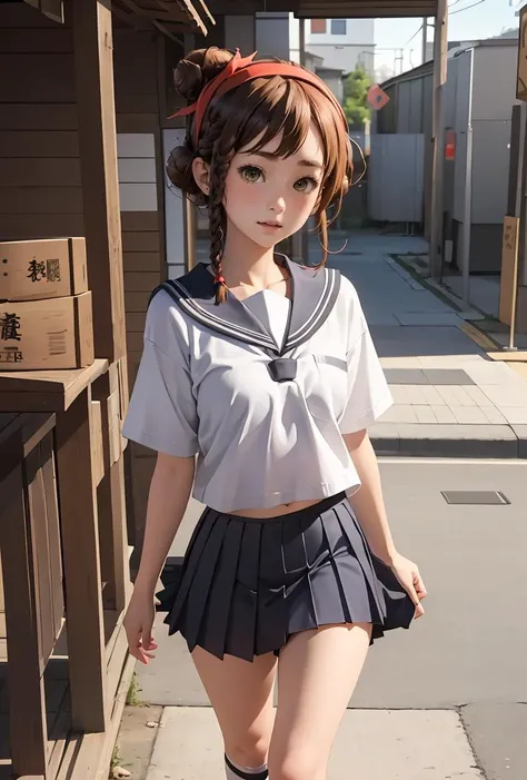 masuter piece, best qualtiy, (realisitic, Photorealsitic:1.37), ((独奏)), 8K image quality, Extremely delicate and beautiful, splendid, Official art with attention to detail, Ridiculous, Unbelievably ridiculous, huge filesize, ultra-detailliert, ighly detailed, (Petite and cute girl), (detailed girl), extremely detailed eye and face, Beautiful detailed eyes, Light makeup,, (Slender and perfect female figure), tiny chest, Slim waist, small ass, ((fullllbody)), ((Put the head in the frame)), ((a sailor)), (a sailor suit), (Sailor Pants), (Sailor Hut), At the port, Brown hair, ssmile,