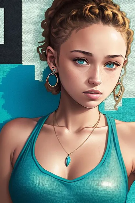 illustration, cover art, minimalist, stylized, pixel shader, a woman, ell4_r4e_sm1th, high contrast, vibrant, portrait , graffiti, paint splatter, messy, red and teal highlights, tank top, lively, nose ring, earrings, necklace looking at viewer, close-up, ((outdoor city)) background, fashion