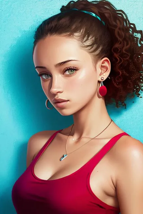 (illustration), cover art, (((minimalist))), (stylized), (high contrast), a beautiful woman, ell4_r4e_sm1th, graffiti, paint splatter, (red) and teal, tank top, lively, nose ring, earrings, necklace looking at viewer, close-up, ((outdoor city)) background, fashion, vibrant, portrait , messy