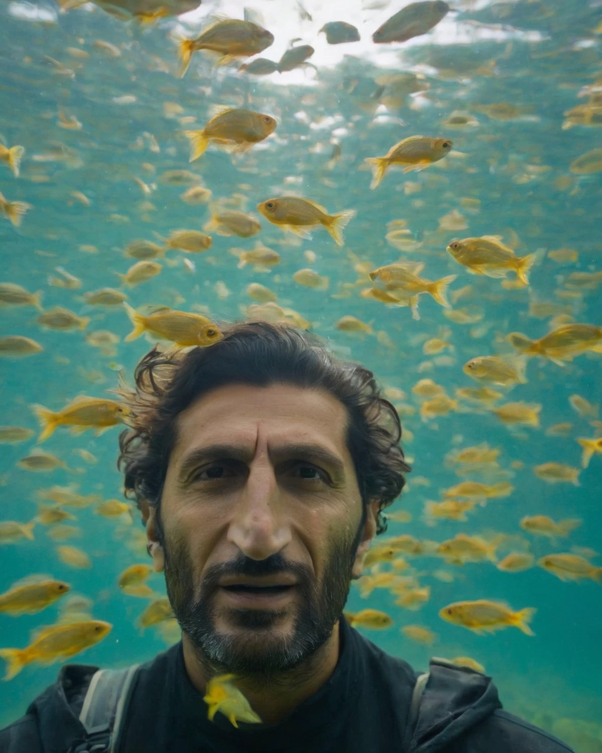 <lora:Fares_Fares:0.8>, portrait front view face handsome (Fares Fares:1.3) age 40 underwater with small shiny bright fishes around him, colorful, (sunny:1.2), medium-length messy hair, 4k uhd, dslr, soft light, high quality, Fujifilm XT3, natural lighting, 4k uhd, dslr, soft lighting, high quality, Fujifilm XT3