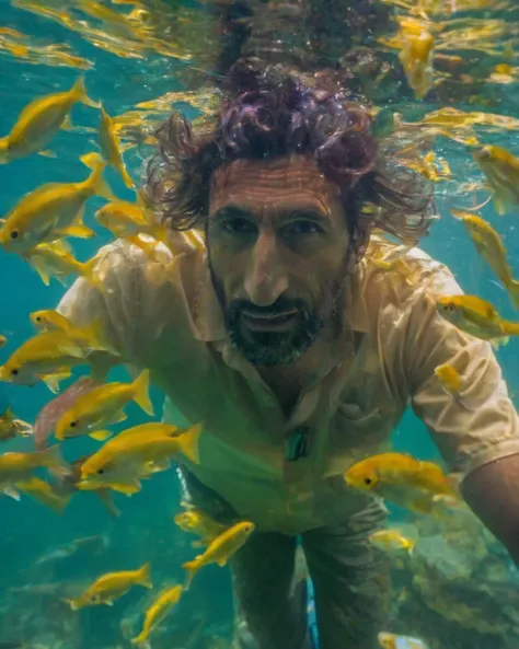 <lora:Fares_Fares_Flexible:0.8>, portrait front view face handsome (Fares Fares:1.3) age 40 underwater with small shiny bright fish around him, colorful, (sunny:1.2), medium-length messy hair, 4k uhd, dslr, soft light, high quality, Fujifilm XT3, natural lighting, 4k uhd, dslr, soft lighting, high quality, Fujifilm XT3