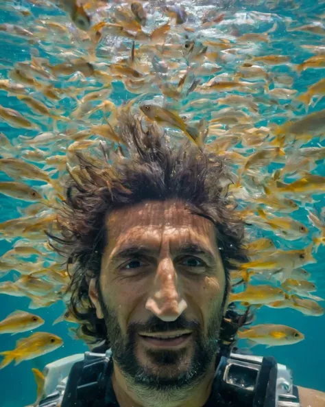 <lora:Fares_Fares_Flexible:0.8>, portrait front view face handsome (Fares Fares:1.3) age 40 underwater with small shiny bright fishes around him, colorful, (sunny:1.2), medium-length messy hair, 4k uhd, dslr, soft light, high quality, Fujifilm XT3, natural lighting, 4k uhd, dslr, soft lighting, high quality, Fujifilm XT3