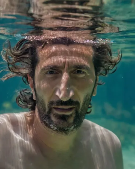 <lora:Fares_Fares_Flexible:0.8>, portrait front view (face close-up:1.2) handsome (Fares Fares:1.3) age 40 underwater, medium-length messy hair, 4k uhd, dslr, soft light, high quality, Fujifilm XT3, natural lighting, 4k uhd, dslr, soft lighting, high quality, Fujifilm XT3, fishes, colorful, sunny, natural lighting, 4k uhd, dslr, soft lighting, high quality, Fujifilm XT3