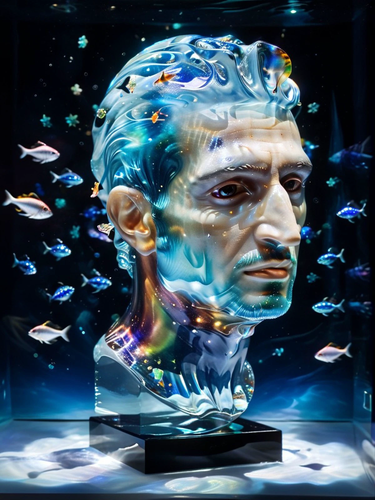 portrait medium shot of a man, (Fares Fares:1.3), glass head, glass face, translucent, transparent, realistic glass sculpture, cosmic stingrays entities, blue nebula, dark black background, stars, stunning-design, beautiful, cosmic underwater fishes, artwork, multicolored, colorful, backlight <lora:sdxl_glass:1.0> <lora:Fares_Fares_Flexible:0.8> <lora:xl_more_art-full_v1:0.55> <lora:PAseer-SDXL-MistyGhost:0.8> misty ghost, floating