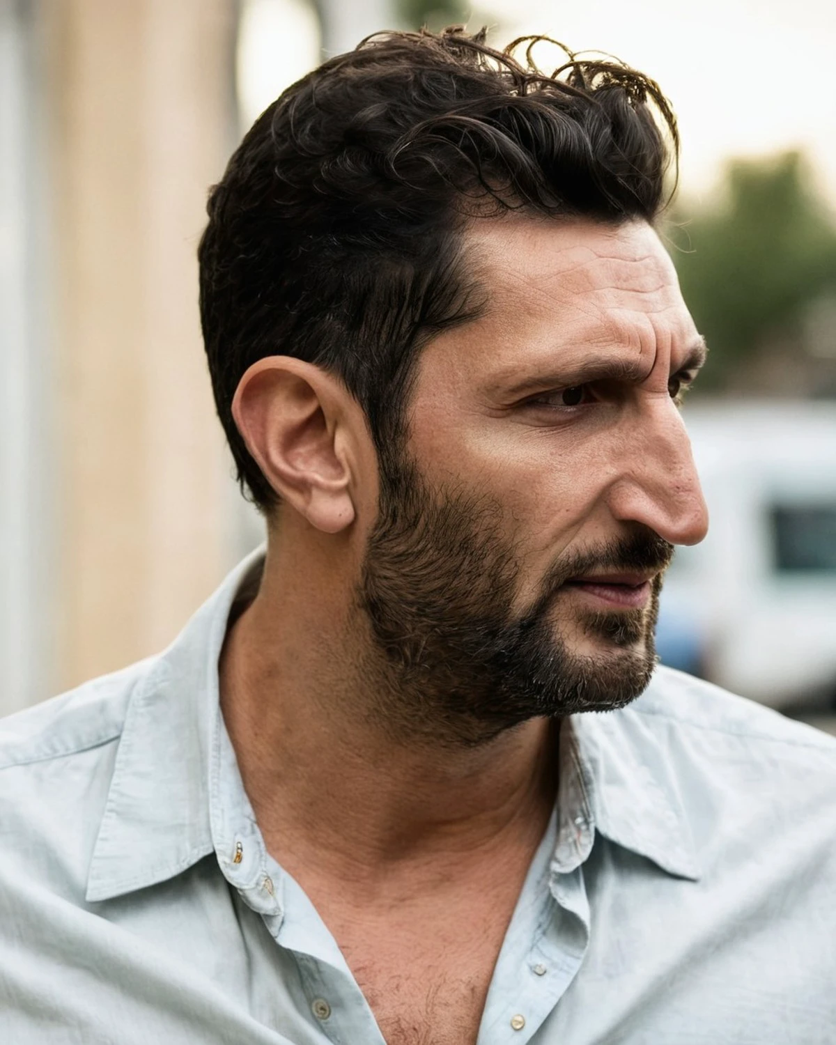 <lora:Fares_Fares:0.8> profile side view face close-up (Fares Fares:1.3) age 35 wearing open unbuttoned shirt, short grease hair, t-shirt, natural lighting, sunlight, 4k uhd, dslr, soft light, high quality, Fujifilm XT3