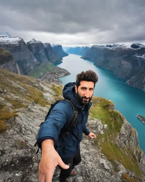 <lora:Fares_Fares_Flexible:0.8> breathtaking selfie (Fares Fares) on a cliff, Fjords in background, award winning, professional, studio light, natural lighting, 4k uhd, dslr, soft lighting, high quality, Fujifilm XT3