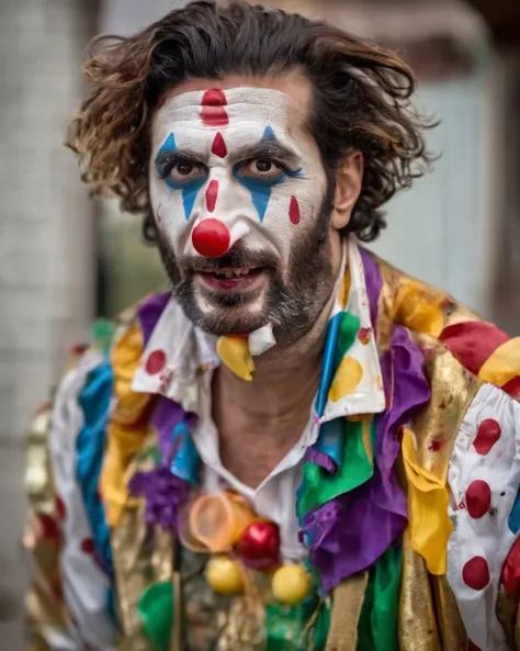 <lora:Fares_Fares_Flexible:0.8> portrait photo of Fares Fares in a clown costume, face paint, front view, in front of a bulding, middle-aged daddy, skin detail, pores, (messy:1.2) medium long hair, studio light, natural lighting, 4k uhd, dslr, soft lighting, high quality, Fujifilm XT3