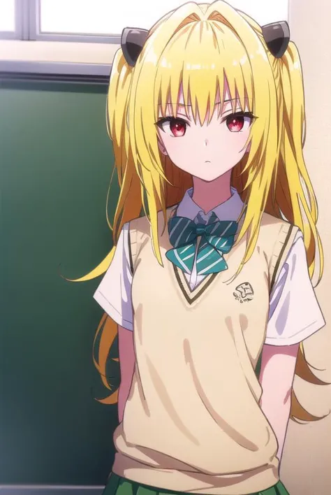 toloveruyami, <lyco:yami darkness-lyco-nochekaiser:1>, 
yami, (yellow hair:1.5), long hair, (red eyes:1.5), (hair ornament:1.2), two side up, (small chest:1.2), 
BREAK school uniform, shirt, white shirt, bow, (green bow:1.5), skirt, (green skirt:1.2), pleated skirt, short skirt, sweater, (light brown sweater vest:1.5), short sleeves,
BREAK indoors, classroom,
BREAK looking at viewer, (cowboy shot:1.5),
BREAK <lyco:GoodHands-beta2:1>, (masterpiece:1.2), best quality, high resolution, unity 8k wallpaper, (illustration:0.8), (beautiful detailed eyes:1.6), extremely detailed face, perfect lighting, extremely detailed CG, (perfect hands, perfect anatomy),