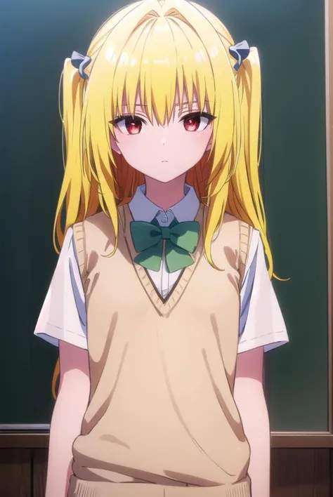 toloveruyami, <lyco:yami darkness-lyco-nochekaiser:1>,
yami, (yellow hair:1.5), long hair, (red eyes:1.5), (hair ornament:1.2), two side up, (small chest:1.2),
BREAK school uniform, shirt, white shirt, bow, (green bow:1.5), skirt, (green skirt:1.2), pleated skirt, short skirt, sweater, (light brown sweater vest:1.5), short sleeves,
BREAK indoors, classroom,
BREAK looking at viewer, (cowboy shot:1.5),
BREAK <lyco:GoodHands-beta2:1>, (masterpiece:1.2), best quality, high resolution, unity 8k wallpaper, (illustration:0.8), (beautiful detailed eyes:1.6), extremely detailed face, perfect lighting, extremely detailed CG, (perfect hands, perfect anatomy),