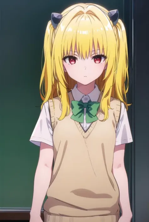 toloveruyami, <lyco:yami darkness-lyco-nochekaiser:1>,
yami, (yellow hair:1.5), long hair, (red eyes:1.5), (hair ornament:1.2), two side up, (small chest:1.2),
BREAK school uniform, shirt, white shirt, bow, (green bow:1.5), skirt, (green skirt:1.2), pleated skirt, short skirt, sweater, (light brown sweater vest:1.5), short sleeves,
BREAK indoors, classroom,
BREAK looking at viewer, (cowboy shot:1.5),
BREAK <lyco:GoodHands-beta2:1>, (masterpiece:1.2), best quality, high resolution, unity 8k wallpaper, (illustration:0.8), (beautiful detailed eyes:1.6), extremely detailed face, perfect lighting, extremely detailed CG, (perfect hands, perfect anatomy),