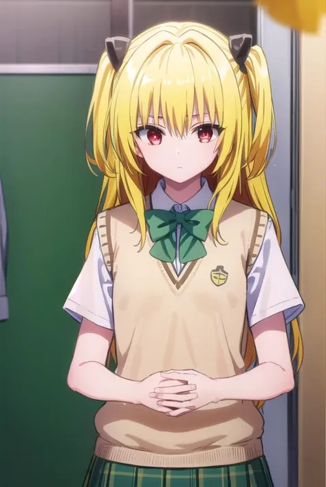 toloveruyami, <lyco:yami darkness-lyco-nochekaiser:1>,
yami, (yellow hair:1.5), long hair, (red eyes:1.5), (hair ornament:1.2), two side up, (small chest:1.2),
BREAK school uniform, shirt, white shirt, bow, (green bow:1.5), skirt, (green skirt:1.2), pleated skirt, short skirt, sweater, (light brown sweater vest:1.5), short sleeves,
BREAK indoors, classroom,
BREAK looking at viewer, (cowboy shot:1.5),
BREAK <lyco:GoodHands-beta2:1>, (masterpiece:1.2), best quality, high resolution, unity 8k wallpaper, (illustration:0.8), (beautiful detailed eyes:1.6), extremely detailed face, perfect lighting, extremely detailed CG, (perfect hands, perfect anatomy),
