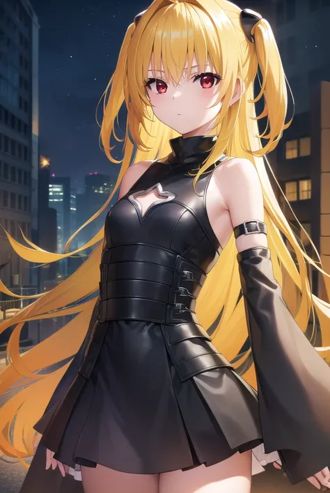 toloveruyami, <lyco:toloveruyami-lyco-nochekaiser:1>, 
yami, (yellow hair:1.5), long hair, (red eyes:1.5), (hair ornament:1.2), two side up, (small chest:1.2), 
BREAK sleeveless, detached sleeves, dress, black dress, black skirt, clothing cutout, cleavage cutout,
BREAK outdoors, city, night, sky,
BREAK looking at viewer, (cowboy shot:1.5),
BREAK <lyco:GoodHands-beta2:1>, (masterpiece:1.2), best quality, high resolution, unity 8k wallpaper, (illustration:0.8), (beautiful detailed eyes:1.6), extremely detailed face, perfect lighting, extremely detailed CG, (perfect hands, perfect anatomy),