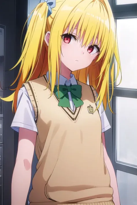 toloveruyami, <lyco:yami darkness-lyco-nochekaiser:1>, 
yami, (yellow hair:1.5), long hair, (red eyes:1.5), (hair ornament:1.2), two side up, (small chest:1.2), 
BREAK school uniform, shirt, white shirt, bow, (green bow:1.5), skirt, (green skirt:1.2), pleated skirt, short skirt, sweater, (light brown sweater vest:1.5), short sleeves,
BREAK indoors, classroom,
BREAK looking at viewer, (cowboy shot:1.5),
BREAK <lyco:GoodHands-beta2:1>, (masterpiece:1.2), best quality, high resolution, unity 8k wallpaper, (illustration:0.8), (beautiful detailed eyes:1.6), extremely detailed face, perfect lighting, extremely detailed CG, (perfect hands, perfect anatomy),
