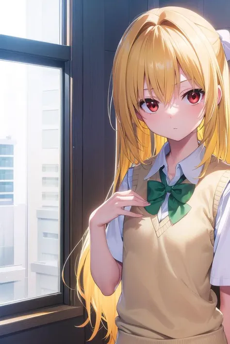 toloveruyami, <lyco:toloveruyami-lyco-nochekaiser:1>,
yami, (yellow hair:1.5), long hair, (red eyes:1.5), (hair ornament:1.2), two side up, (small chest:1.2),
BREAK school uniform, shirt, white shirt, bow, (green bow:1.5), skirt, (green skirt:1.2), pleated skirt, short skirt, sweater, (light brown sweater vest:1.5), short sleeves,
BREAK indoors, classroom,
BREAK looking at viewer, (cowboy shot:1.5),
BREAK <lyco:GoodHands-beta2:1>, (masterpiece:1.2), best quality, high resolution, unity 8k wallpaper, (illustration:0.8), (beautiful detailed eyes:1.6), extremely detailed face, perfect lighting, extremely detailed CG, (perfect hands, perfect anatomy),