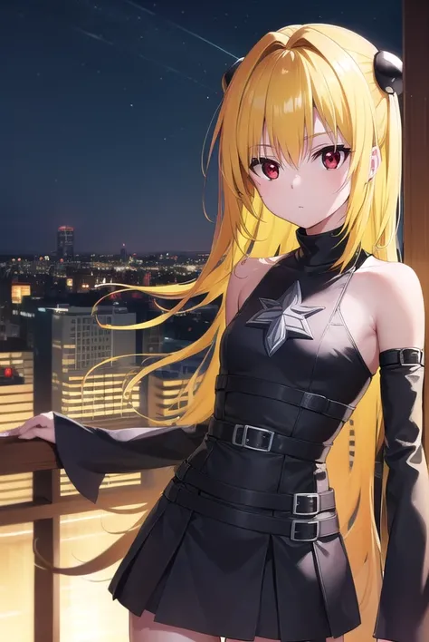 toloveruyami, <lyco:toloveruyami-lyco-nochekaiser:1>, 
yami, (yellow hair:1.5), long hair, (red eyes:1.5), (hair ornament:1.2), two side up, (small chest:1.2), 
BREAK sleeveless, detached sleeves, dress, black dress, black skirt, clothing cutout, cleavage cutout,
BREAK outdoors, city, night, sky,
BREAK looking at viewer, (cowboy shot:1.5),
BREAK <lyco:GoodHands-beta2:1>, (masterpiece:1.2), best quality, high resolution, unity 8k wallpaper, (illustration:0.8), (beautiful detailed eyes:1.6), extremely detailed face, perfect lighting, extremely detailed CG, (perfect hands, perfect anatomy),