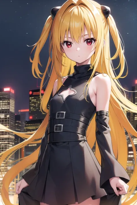 toloveruyami, <lyco:toloveruyami-lyco-nochekaiser:1>, 
yami, (yellow hair:1.5), long hair, (red eyes:1.5), (hair ornament:1.2), two side up, (small chest:1.2), 
BREAK sleeveless, detached sleeves, dress, black dress, black skirt, clothing cutout, cleavage cutout,
BREAK outdoors, city, night, sky,
BREAK looking at viewer, (cowboy shot:1.5),
BREAK <lyco:GoodHands-beta2:1>, (masterpiece:1.2), best quality, high resolution, unity 8k wallpaper, (illustration:0.8), (beautiful detailed eyes:1.6), extremely detailed face, perfect lighting, extremely detailed CG, (perfect hands, perfect anatomy),