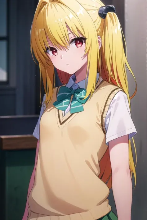 toloveruyami, <lyco:yami darkness-lyco-nochekaiser:1>,
yami, (yellow hair:1.5), long hair, (red eyes:1.5), (hair ornament:1.2), two side up, (small chest:1.2),
BREAK school uniform, shirt, white shirt, bow, (green bow:1.5), skirt, (green skirt:1.2), pleated skirt, short skirt, sweater, (light brown sweater vest:1.5), short sleeves,
BREAK indoors, classroom,
BREAK looking at viewer, (cowboy shot:1.5),
BREAK <lyco:GoodHands-beta2:1>, (masterpiece:1.2), best quality, high resolution, unity 8k wallpaper, (illustration:0.8), (beautiful detailed eyes:1.6), extremely detailed face, perfect lighting, extremely detailed CG, (perfect hands, perfect anatomy),