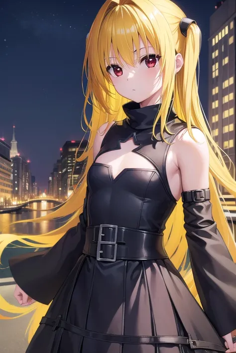 toloveruyami, <lyco:toloveruyami-lyco-nochekaiser:1>,
yami, (yellow hair:1.5), long hair, (red eyes:1.5), (hair ornament:1.2), two side up, (small chest:1.2),
BREAK sleeveless, detached sleeves, dress, black dress, black skirt, clothing cutout, cleavage cutout,
BREAK outdoors, city, night, sky,
BREAK looking at viewer, (cowboy shot:1.5),
BREAK <lyco:GoodHands-beta2:1>, (masterpiece:1.2), best quality, high resolution, unity 8k wallpaper, (illustration:0.8), (beautiful detailed eyes:1.6), extremely detailed face, perfect lighting, extremely detailed CG, (perfect hands, perfect anatomy),