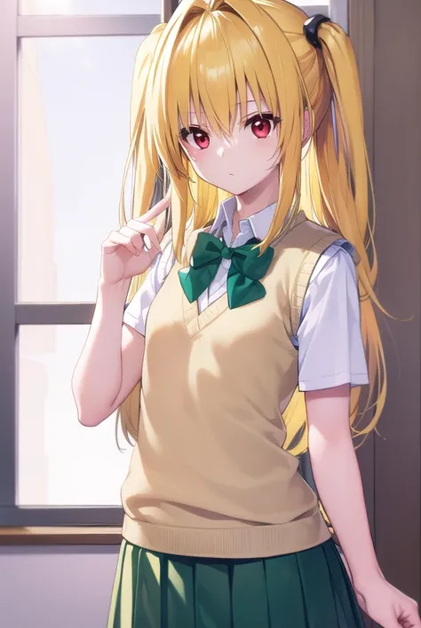 toloveruyami, <lyco:toloveruyami-lyco-nochekaiser:1>,
yami, (yellow hair:1.5), long hair, (red eyes:1.5), (hair ornament:1.2), two side up, (small chest:1.2),
BREAK school uniform, shirt, white shirt, bow, (green bow:1.5), skirt, (green skirt:1.2), pleated skirt, short skirt, sweater, (light brown sweater vest:1.5), short sleeves,
BREAK indoors, classroom,
BREAK looking at viewer, (cowboy shot:1.5),
BREAK <lyco:GoodHands-beta2:1>, (masterpiece:1.2), best quality, high resolution, unity 8k wallpaper, (illustration:0.8), (beautiful detailed eyes:1.6), extremely detailed face, perfect lighting, extremely detailed CG, (perfect hands, perfect anatomy),