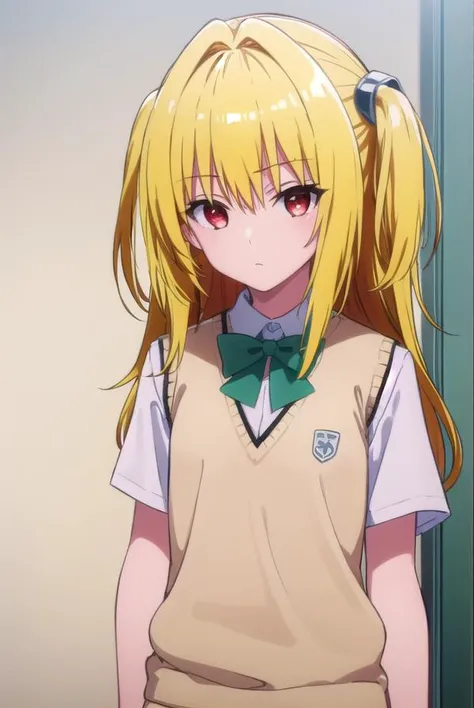toloveruyami, <lyco:yami darkness-lyco-nochekaiser:1>,
yami, (yellow hair:1.5), long hair, (red eyes:1.5), (hair ornament:1.2), two side up, (small chest:1.2),
BREAK school uniform, shirt, white shirt, bow, (green bow:1.5), skirt, (green skirt:1.2), pleated skirt, short skirt, sweater, (light brown sweater vest:1.5), short sleeves,
BREAK indoors, classroom,
BREAK looking at viewer, (cowboy shot:1.5),
BREAK <lyco:GoodHands-beta2:1>, (masterpiece:1.2), best quality, high resolution, unity 8k wallpaper, (illustration:0.8), (beautiful detailed eyes:1.6), extremely detailed face, perfect lighting, extremely detailed CG, (perfect hands, perfect anatomy),