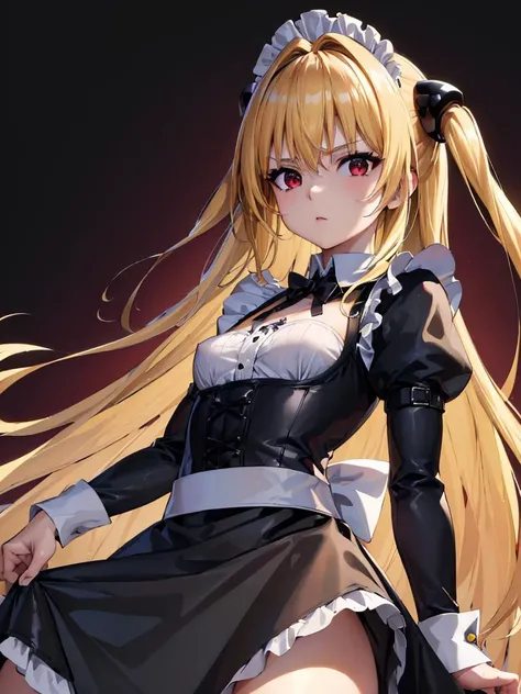 (best quality, masterpiece:1.2), ultra detailed, 1girl, <lora:toloveruyami-lyco-nochekaiser:1>, yami, blonde hair, long hair, hair ornament, small breasts, red eyes,
puffy long sleeves,
dark simple background, skinny,
<lora:victorian_maid-1.0:0.7>, maid, long skirt,