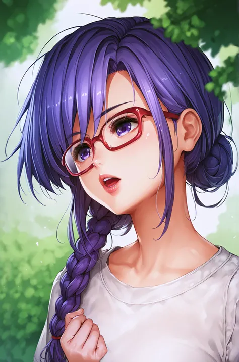 score_9, score_8_up, score_7_up, score_6_up, [(score_5_up:1)::0.6], [(score_4_up:1)::0.3],
source_anime, 1girl, outdoors,
single hair bun, braid, purple hair,
purple eyes, tsurime, glasses,
open mouth, teeth, parted lips, (red lips:0.4),
white shirt,
<lora:Pony_DetailV2.0:1>,
<lora:EndouHP:1> EndouHP,
