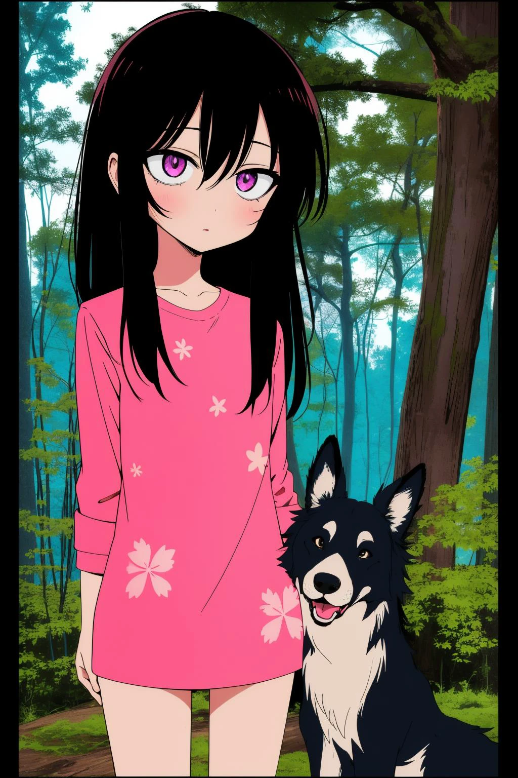1girl, colorful Digital art, Golden ratio, full shot of a ([Border Collie:God:4]:1.3) , the Border Collie is very Bioluminescent and [Absurd:Swirling:8], woods and Twig background, dense vegetation with Alder, at Nighttime, equirectangular 360, Vivid, Hopeful, Barbiecore, side light, Selective focus, anaglyph effect, Floral motives, dripping with dark pink, HDR, contest winner