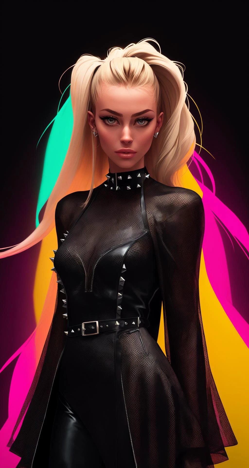 spikes hair , woman standing,  beautiful, sharp focus, masterpiece, facing viewer, fashion photoshot, net,

blond hair, goth style, latex, close, intimate,
[(colorful explosion psychedelic paint colors:1.2)::0.15],

centered, realistic, professional, black background, plain black background