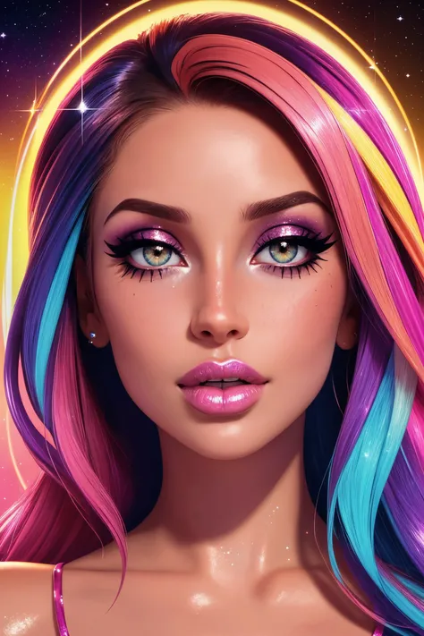 beautiful woman face, closeup, colorful makeup, sparkles, glitter, high contrast,
([Ni(:0)na( :0)Dob(:0)rev|Lana( :0)Del( :0)Rey]:0.9)
 highres, high quality, high resolution, hd, 4k, masterpiece,
realistic skin, doll, shinny skin, profile,
[(colorful explosion psychedelic paint colors:1.2)::0.20]