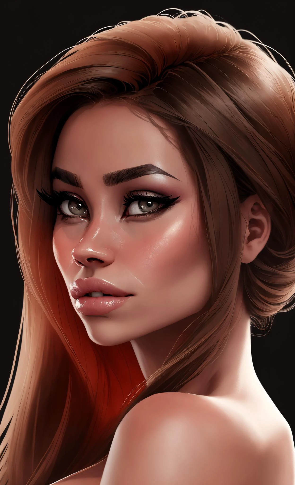 solo, spikes hair , [CeciliaLion|DiamondJackson], woman head closeup, 1girl, beautiful face, heavy makeup, smokey eyes,sharp focus, masterpiece, facing viewer, centered, realistic, professional, black background, plain black background