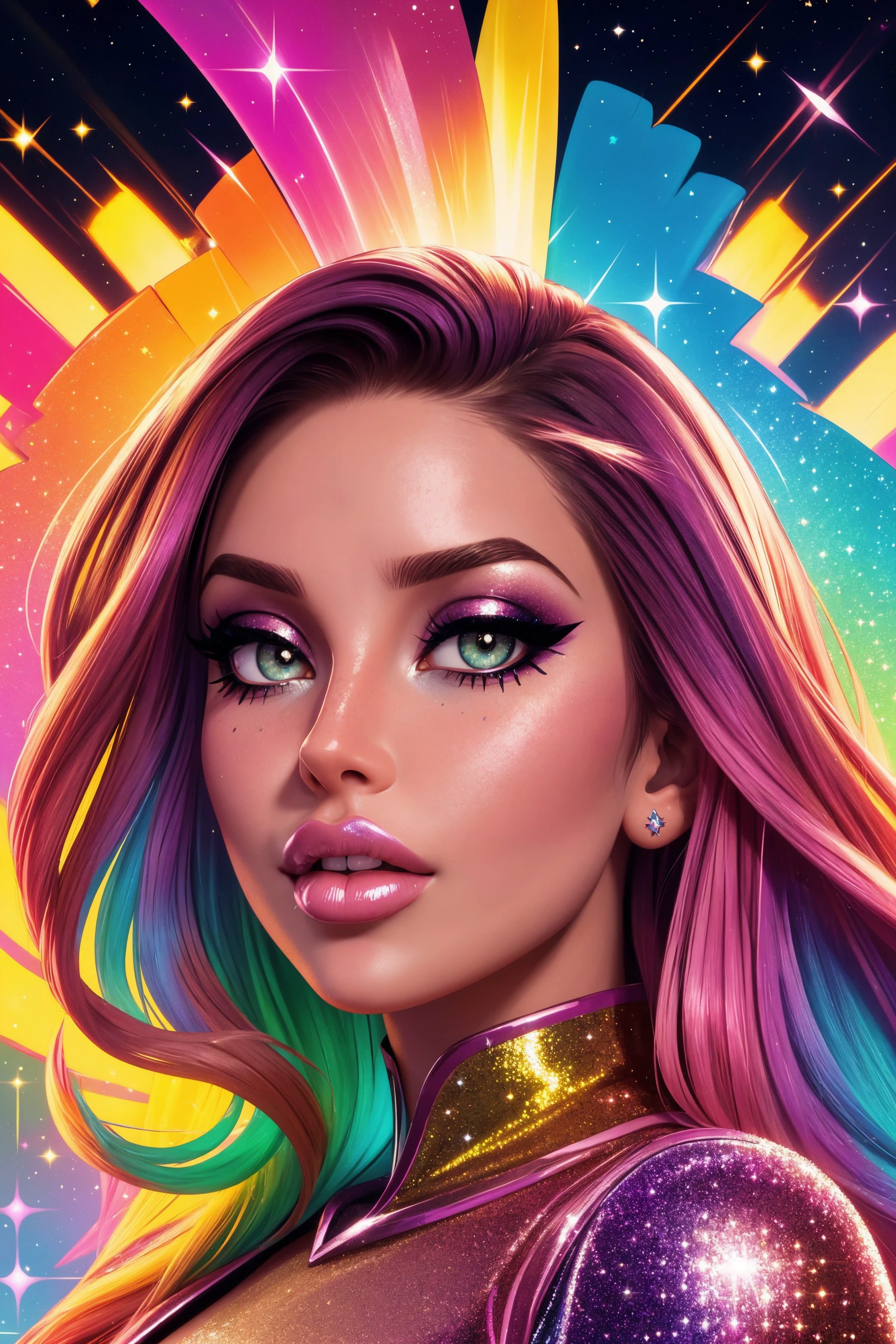 beautiful woman face, closeup, colorful makeup, sparkles, glitter, high contrast,
([Ni(:0)na( :0)Dob(:0)rev|Lana( :0)Del( :0)Rey]:0.9)
 highres, high quality, high resolution, hd, 4k, masterpiece,
realistic skin, doll, shinny skin, profile,
[(colorful explosion psychedelic paint colors:1.2)::0.20]