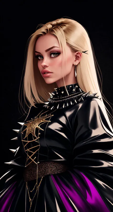 spikes hair , woman standing,  beautiful, sharp focus, masterpiece, facing viewer, fashion photoshot, net,

blond hair, goth style, latex, close, intimate,
[(colorful explosion psychedelic paint colors:1.2)::0.15],

centered, realistic, professional, black background, plain black background