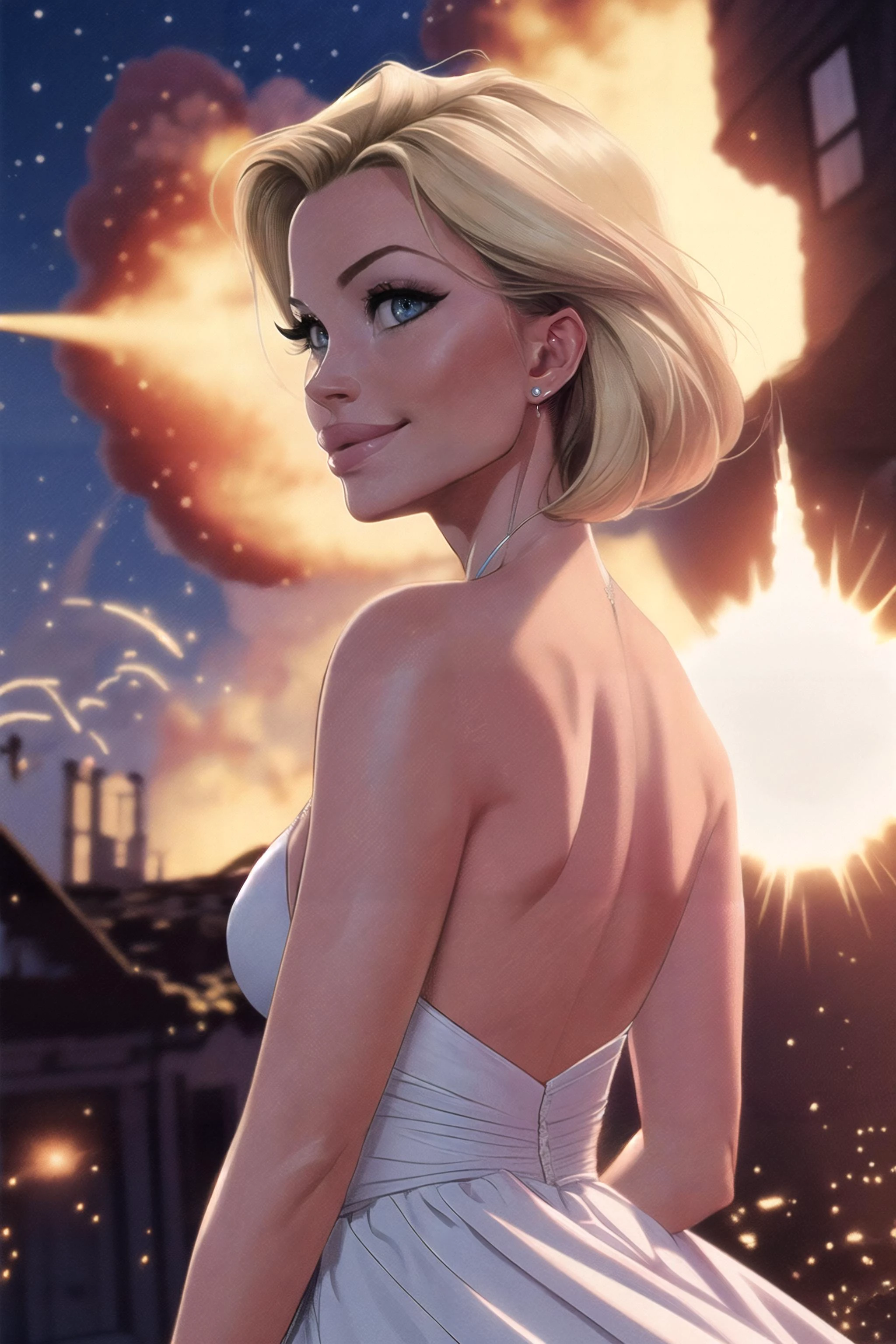 Analog style, low camera angle, close up picture of (40 years old woman with blonde hair) facing the camera, wearing a elegant evening gown, super spy, action scene, outside an opulent manor, (night:1.2), walking away from (explosion) in background, large fireball, smirking, dynamic pose, (explosions in the background, building exploding), action lines, chaotic scene, debris, dirt, intense, highly detailed eyes, perfect eyes, small breasts, mature, milf, middle aged woman, dynamic shadows, noir, absudres, high detail, high quality, ultra realistic