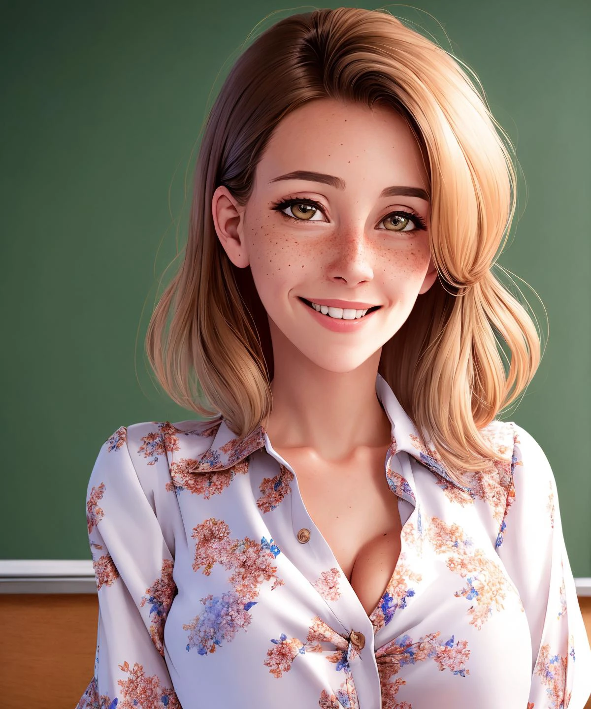 a closeup portrait of a playful highschool teacher, mature woman, undercut hair, (floral blouse), (pencil skirt),(), amazing body, pronounced feminine feature, busty, classroom, [ash blonde | ginger | auburn hair], freckles, flirting with camera
([Rashida Jones | Mary Steenburgen]:0.8),
blond hair,
centered, realistic, professional,