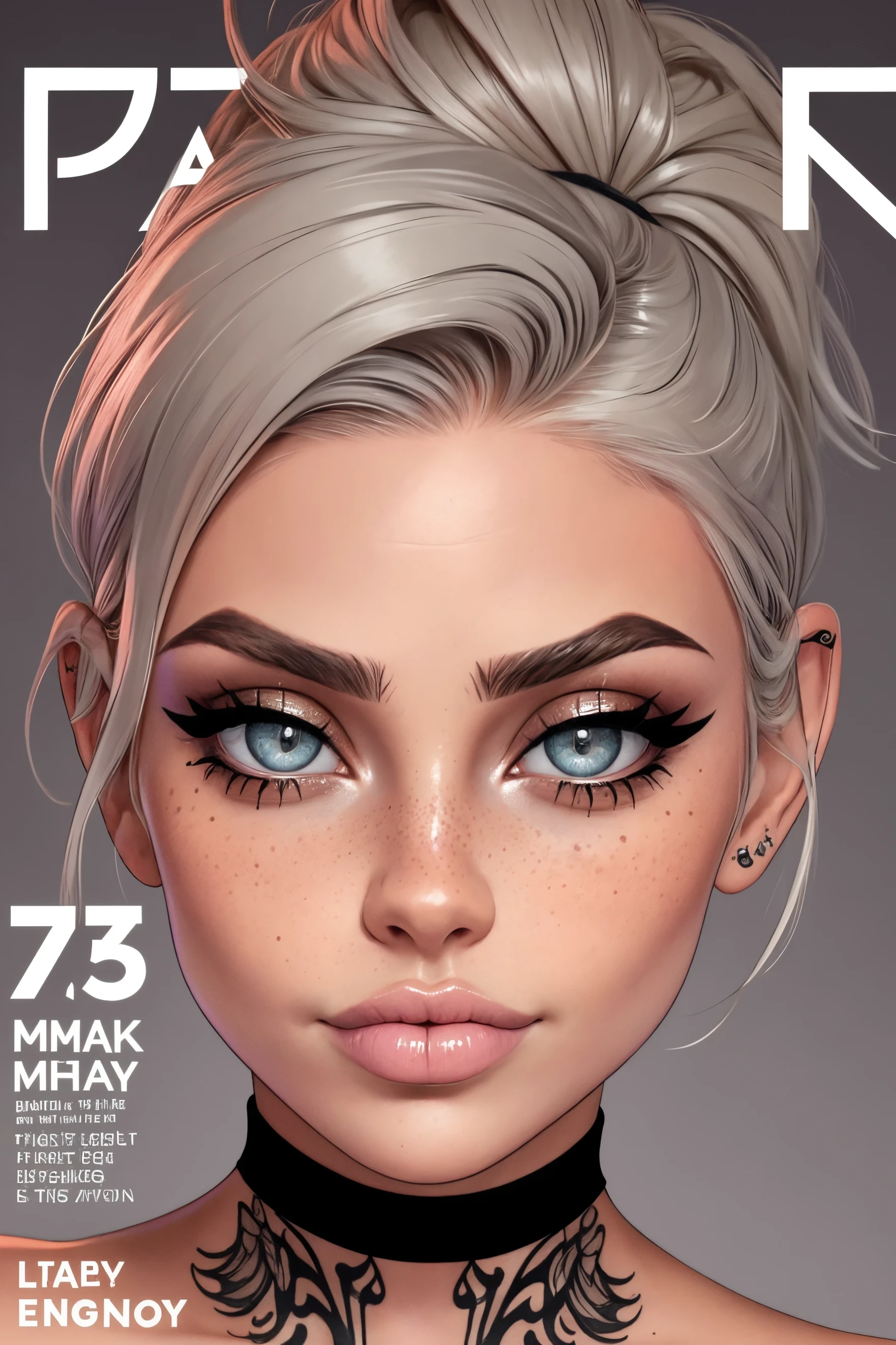 magazine cover image, fashion tabloid style, text, frame, graphical design, shapes, 
([Cara( :0)Delevingne|Sienna( :0)Miller|avi love]:1.05),
up close photo of a woman with heavy smoky makeup, beautiful detailed eyes, 
short grey hair, hard night partying, (freckles:0.9), closed mouth, 
 sparkling look, tattoos, large lips, 
skin detail, pores, realistic, imperfections, English, (Hiragana, Katakana,:0.8)