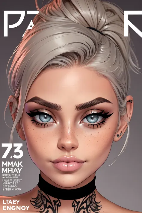 magazine cover image, fashion tabloid style, text, frame, graphical design, shapes, 
([Cara( :0)Delevingne|Sienna( :0)Miller|avi love]:1.05),
up close photo of a woman with heavy smoky makeup, beautiful detailed eyes, 
short grey hair, hard night partying, (freckles:0.9), closed mouth, 
 sparkling look, tattoos, large lips, 
skin detail, pores, realistic, imperfections, English, (Hiragana, Katakana,:0.8)