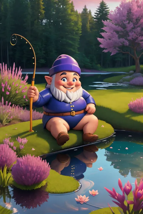 A chubby, smiling gnome sitting at the edge of a crystal-clear pond, fishing with a sprig of heather, under a soft, early morning light., illustration, 3d, cartoon,
high resolution, high quality, detailed, masterpiece, hdr, sharp,
[Renaissance style],[ sassy style], 
amazing, beautiful, breathtaking, astonishing, brilliant, incredible,