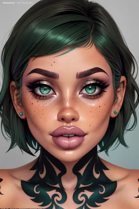 up close photo of a woman with heavy smoky makeup, beautiful detailed eyes, magazine cover image, fashion tabloid style, text,
short dark green hair, hard night partying, freckles,
sparkling look, tattoos, large lips,
skin detail, pores, realistic, imperfections,