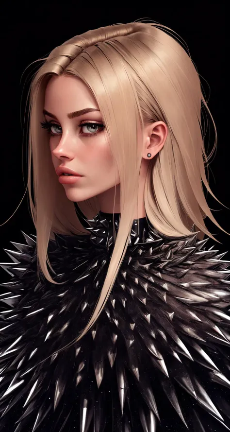 spikes hair , woman standing,  beautiful, sharp focus, masterpiece, facing viewer, fashion photoshot, net,

blond hair, goth style, latex, close, intimate,
[(colorful explosion psychedelic paint colors:1.2)::0.15],

centered, realistic, professional, black background, plain black background