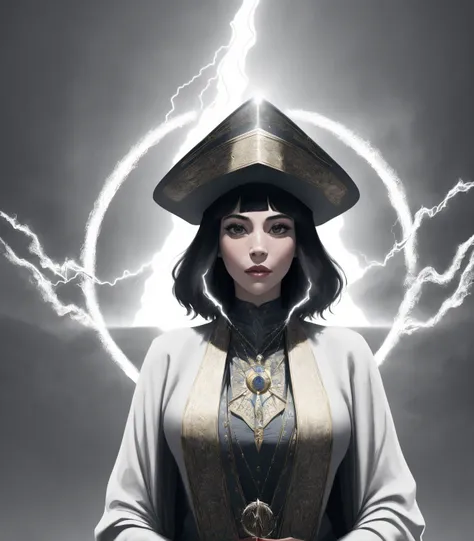 masterpiece, facing viewer, centered, absurdres,  realistic, (photorealistic), medium shot, highly detailed, solo, bobcut, bangs, ([Emma Stone | Kate Hudon]:.7), beautiful wizard casting a spell , wearing ornate robes and large pointy hat, standing in arcane sigil,beautiful face, sharp focus, colored light, sexy, lightning storm in background