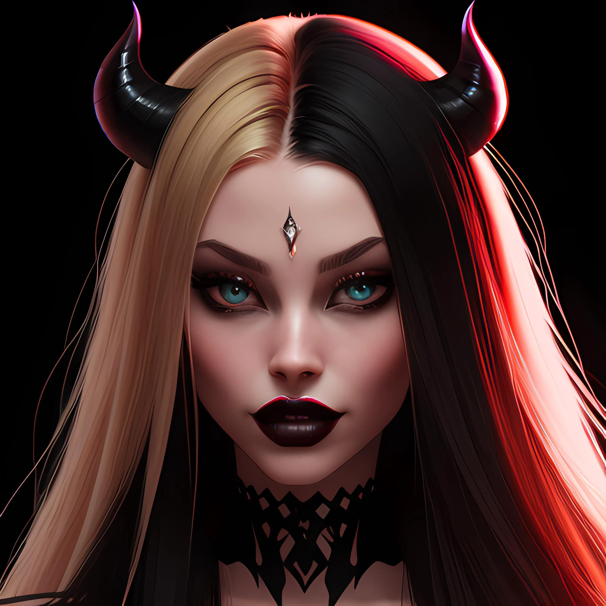 demon babe,woman standing, beautiful, sharp focus, masterpiece, facing viewer, fashion photoshot, net, blond hair, goth style, latex, close, intimate, [(colorful explosion psychedelic paint colors:1.2)::0.15], centered, realistic, professional, black background, plain black background