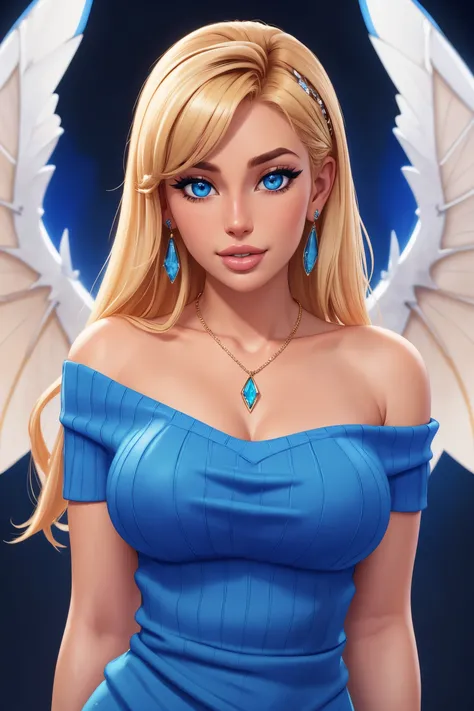a very pretty woman standing, in a blue sweater and wings on her back, modest, with a blue dress and necklace, Artgerm, sots art, unreal 5, concept art, armlet, blonde_hair, blue_eyes, blurry, blurry_background, depth_of_field, earrings, gem, jewelry, looking_at_viewer, medium_breasts, realistic, solo, upper_body, wings, abbe bi style, [cartoon, vector art, anime :realistic, real life, hyper realistic:0.15],