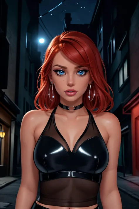 photo of young ([Ni(:0)na Dob(:0)rev|Em(:0)ma Sto(:0)ne]:1.1) closeup face,  solo, closeup, extreme closeup, looking at viewer, symmetric, centered,
pantsuit, business suit, elegant suit, white crop top shirt,
shinny skin, oily skin, subsurface skin scattering, shiny skin,
choker, earrings, eyelashes, eyeshadow, lips, lipstick, jewelry, makeup, nose, parted lips, navel,
beautiful detailed blue eyes, redhead,
realistic, photo-realistic, well-lit face, glowing face, face focus, see-through,
(night:1.2), dark, scary, dark city, alley, chased, danger, worried, afraid, stressed,  building, street lights, detailed background,
[(dust particle paint explosion:1.2)::0.11], (secret:0.8),