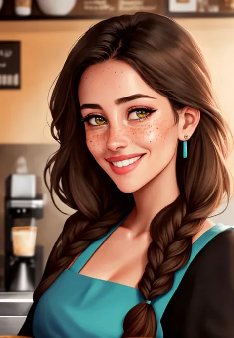 a closeup portrait of a barista (from the waist up), mature woman, intricate braids, turquoise hair, freckles, coy smile,
([Rashida Jones | Linda Cardellini]:0.7),
centered, realistic, professional,