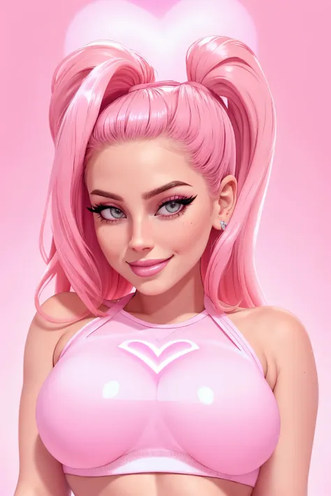 lana( :0)rhoades. sassy style. ([avril( :0)lavigne|lana( :0)del( :0)rey]:1.0) middle shot. white crop top . 
naughty smile. [cartoon. vector art. anime :realistic. real life. hyper realistic:0.20]... 
beautiful mature woman. symmetrical. large breasts. fit. gentle. 
pink luminescent background. hyperrealism. facing viewer.  . detailed. heart pattern. cute.