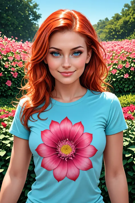 photo of woman playfully posing, looking at viewer, wearing a colorful flower pattern t-shirt, modest, shy,
[Lavinia|Sadie], naughty smile, redhead hair loose waves, dark blue eyes, pretty eyes, detailed iris, playful,
outside, garden, summer, green, flowers, detailed background, (closeup, extreme closeup),
skin subsurface scattering, skin texture defects,
[(psychedelic colorful paint explosion:1.3)::0.2], secret,
realistic proportions, (analog style:0.8),
wallpaper, ultra realistic, photorealistic, sharp focus, absurdres, HDR, high contrast, photograph, instagram, photography on film, 32mm, detailed and intricate, movie still, octane render, film, kodak, kodachrome portrait, 8K, highly-detailed,