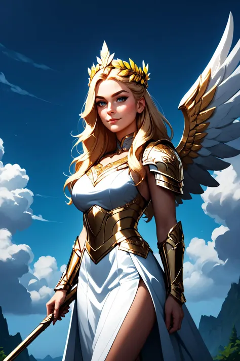 score_9, score_8_up, score_7_up, 1girl, valkyrie in gorgeous armor is holding a spear in hand, side view, solo, standing, golden laurel wreath crown, goddess, pale skin, beautiful face, armored dress, wings, looking at viewer, cloudy sky, holy light, light from clouds, fantasy theme expressiveh d4rk01l ,