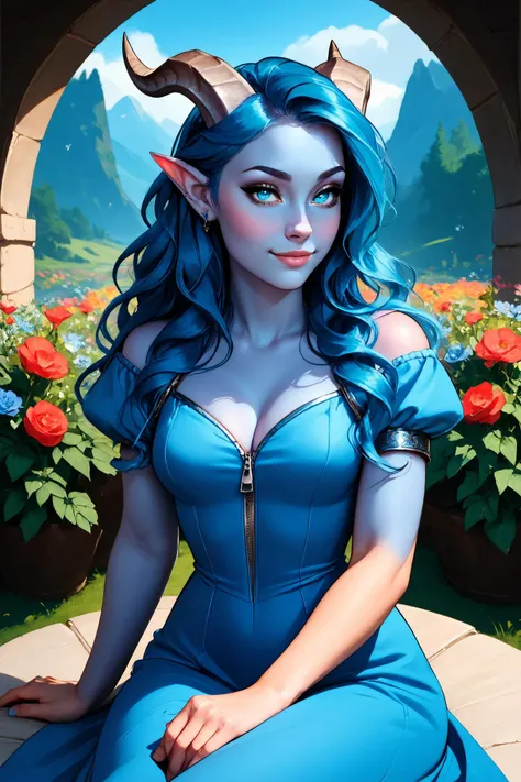 score_9, score_8_up, score_7_up, very aesthetic, 1girl, female draenei, cute, pretty, petite, blue hair, blue skin, long wavy hair, horns, medieval dress, sitting, flowers, ZIP2D, realistic drawing, best quality, high res, highly detailed, , perfecteyes, Negative, ,